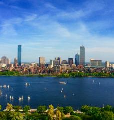 View of the Boston, Massachusetts skyline and the Charles River from the Cambridge side of the Charles.